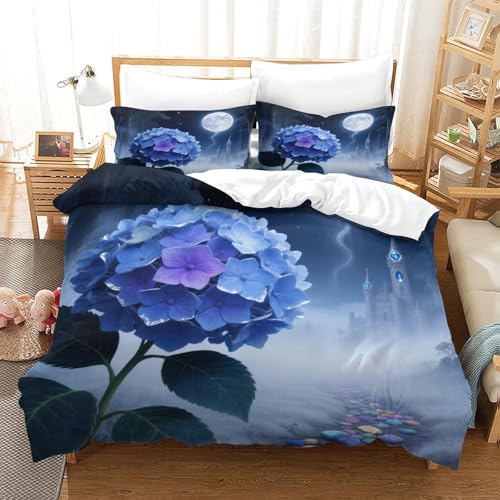 XPASHIQWC 3-teiliger 3D-Druck Blue - Purple Hydrangea Bettwäsche Set Moonlight Castle Mit Reißverschluss, Mikrofaser Für Erwachsene Schlafzimmer Dekoration Single（140x200cm） von XPASHIQWC