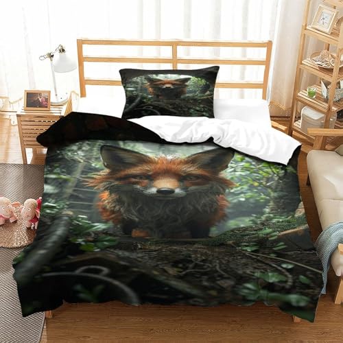 XPASHIQWC 3-teiliger 3D-Druck Dschungelfochs Bettbezug Set Tree Hole Mikrofaser Mit Reißverschluss, Für Kinder, Teens, Schlafzimmer Single（135x200cm） von XPASHIQWC