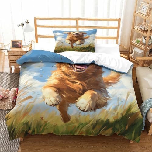 XPASHIQWC 3-teiliger 3D-Druck Goldener Retriever Bettwäsche Set Laufen in den Feldern Mit Reißverschluss, Mikrofaser Für Erwachsene Schlafzimmer Dekoration Single（135x200cm） von XPASHIQWC
