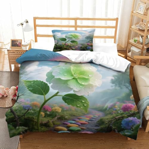 XPASHIQWC 3-teiliger 3D-Druck Green Hydrangea Bettwäsche Set Raindrops Rainbow Mit Reißverschluss, Mikrofaser Für Erwachsene Schlafzimmer Dekoration Single（135x200cm） von XPASHIQWC