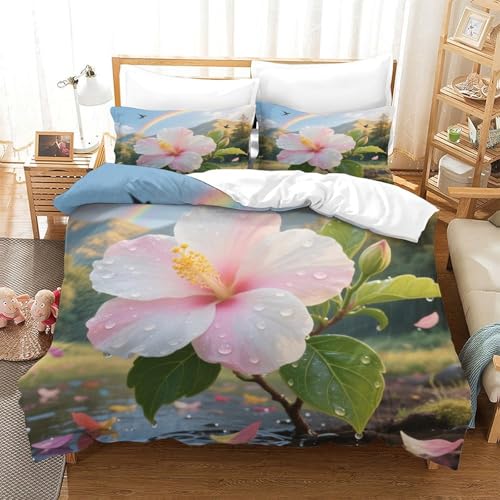 XPASHIQWC 3-teiliger 3D-Druck Hibiscus Syriacus Bettwäsche Set Raindrops Rainbow Mit Reißverschluss, Mikrofaser Für Erwachsene Schlafzimmer Dekoration Double（200x200cm） von XPASHIQWC