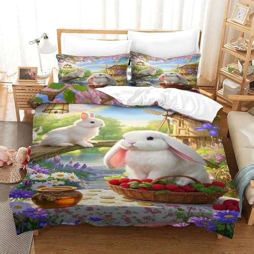 XPASHIQWC 3-teiliger 3D-Druck Lop-Eared Kaninchen Bettwäsche Set Blumen Regenbogen Mit Reißverschluss, Mikrofaser Für Erwachsene Schlafzimmer Dekoration King（220x240cm） von XPASHIQWC