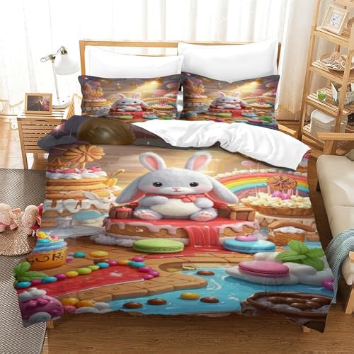 XPASHIQWC 3-teiliger 3D-Druck Lop-Eared Kaninchen Bettwäsche Set Regenbogenkuchen Mit Reißverschluss, Mikrofaser Für Erwachsene Schlafzimmer Dekoration King（220x240cm） von XPASHIQWC