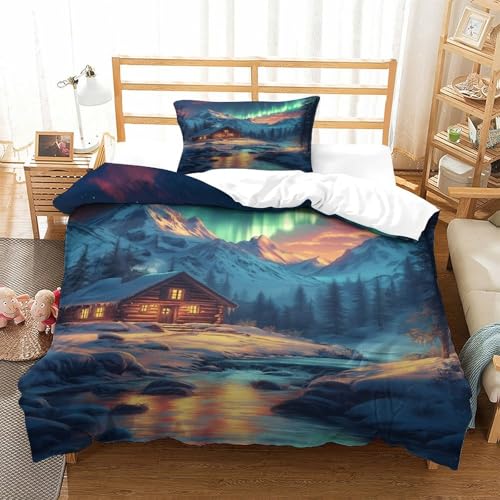 XPASHIQWC 3-teiliger 3D-Druck Nordlichter Bettbezug Set Snow Mountain Log Cabin Mikrofaser Mit Reißverschluss, Für Kinder, Teens, Schlafzimmer Single（135x200cm） von XPASHIQWC