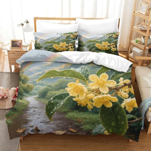 XPASHIQWC 3-teiliger 3D-Druck Osmanthus Flower Bettwäsche Set Raindrops Rainbow Mit Reißverschluss, Mikrofaser Für Erwachsene Schlafzimmer Dekoration King（220x240cm） von XPASHIQWC