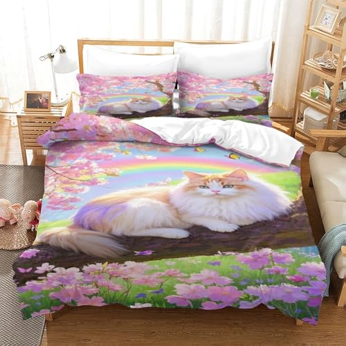 XPASHIQWC 3-teiliger 3D-Druck Persische Katze Bettwäsche Set Kirschblüten Mit Reißverschluss, Mikrofaser Für Erwachsene Schlafzimmer Dekoration Double（200x200cm） von XPASHIQWC