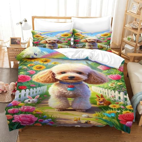 XPASHIQWC 3-teiliger 3D-Druck Poodle Bettbezug Set Blumenfeld Regenbogen Mikrofaser Mit Reißverschluss, Für Kinder, Teens, Schlafzimmer King（220x240cm） von XPASHIQWC