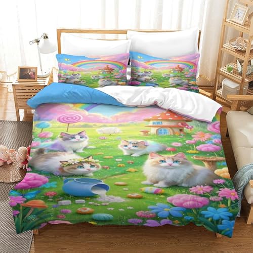 XPASHIQWC 3-teiliger 3D-Druck Ragdoll Bettwäsche Set Regenbogenblumenfeld Mit Reißverschluss, Mikrofaser Für Erwachsene Schlafzimmer Dekoration Double（200x200cm） von XPASHIQWC