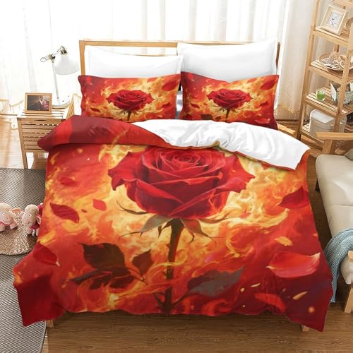 XPASHIQWC 3-teiliger 3D-Druck Red Rose Bettwäsche Set Burning Flames Mit Reißverschluss, Mikrofaser Für Erwachsene Schlafzimmer Dekoration Super King（260x220cm） von XPASHIQWC