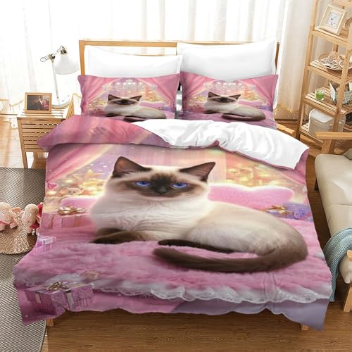 XPASHIQWC 3-teiliger 3D-Druck Siamische Katze Bettwäsche Set Rosa Zimmer Mit Reißverschluss, Mikrofaser Für Erwachsene Schlafzimmer Dekoration Double（200x200cm） von XPASHIQWC
