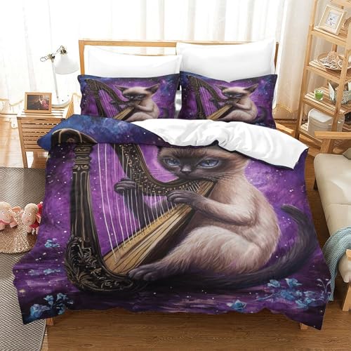 XPASHIQWC 3-teiliger 3D-Druck Siamisches Kätzchen Bettwäsche Set Sternenhimmel Harp Mit Reißverschluss, Mikrofaser Für Erwachsene Schlafzimmer Dekoration Double（200x200cm） von XPASHIQWC