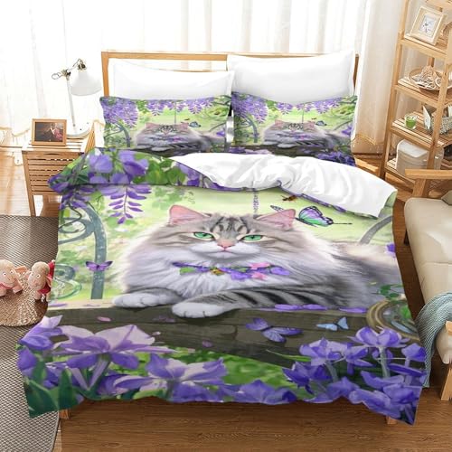 XPASHIQWC 3-teiliger 3D-Druck Sibirische Katze Bettbezug Set Wisteria Blumen Mikrofaser Mit Reißverschluss, Für Kinder, Teens, Schlafzimmer Double（200x200cm） von XPASHIQWC