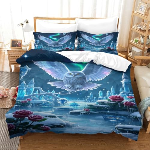 XPASHIQWC 3-teiliger 3D-Druck Snowy Eule Bettwäsche Set Aurora Eiskristallschloss Mit Reißverschluss, Mikrofaser Für Erwachsene Schlafzimmer Dekoration Double（200x200cm） von XPASHIQWC