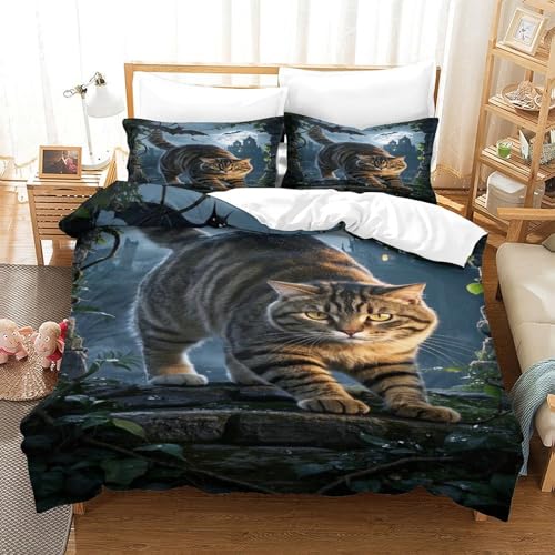 XPASHIQWC 3-teiliger 3D-Druck Tabby Katze Bettwäsche Set Mondnacht Schloss Mit Reißverschluss, Mikrofaser Für Erwachsene Schlafzimmer Dekoration King（220x240cm） von XPASHIQWC