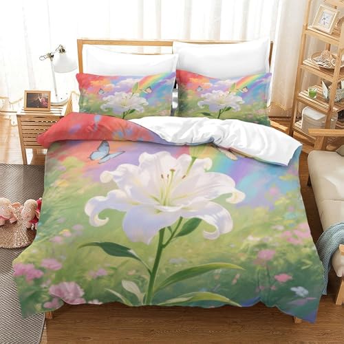 XPASHIQWC 3-teiliger 3D-Druck White Lily Bettwäsche Set Colorful Sky Mit Reißverschluss, Mikrofaser Für Erwachsene Schlafzimmer Dekoration Double（200x200cm） von XPASHIQWC