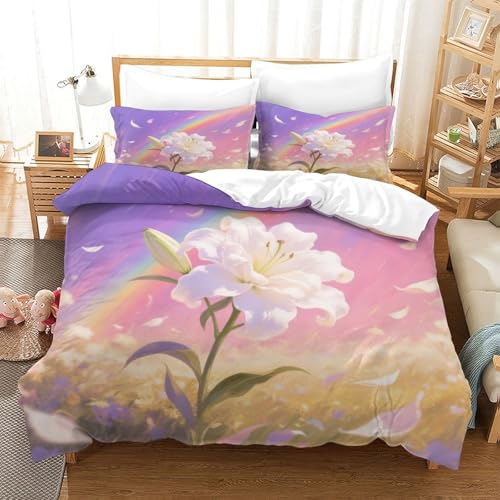 XPASHIQWC 3-teiliger 3D-Druck White Lily Bettwäsche Set Rainbow Sky Mit Reißverschluss, Mikrofaser Für Erwachsene Schlafzimmer Dekoration Double（200x200cm） von XPASHIQWC