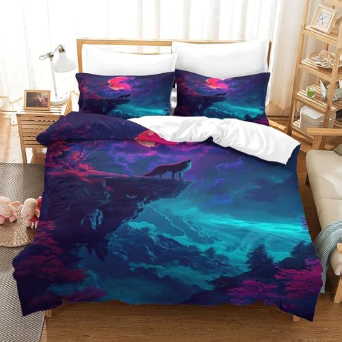 XPASHIQWC 3-teiliger 3D-Druck Wolf Bettwäsche Set Blutmond Cliff Mit Reißverschluss, Mikrofaser Für Erwachsene Schlafzimmer Dekoration Double（200x200cm） von XPASHIQWC