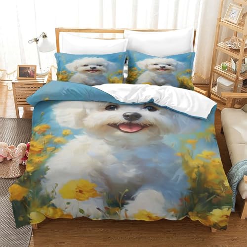 XPASHIQWC 3-teiliges Bichon Frise 3D Gedruckte Tröster Abdeckung Flower Field Mit Reißverschluss, Mikrofaser Set Für Moderne Schlafzimmer Dekor King（220x240cm） von XPASHIQWC