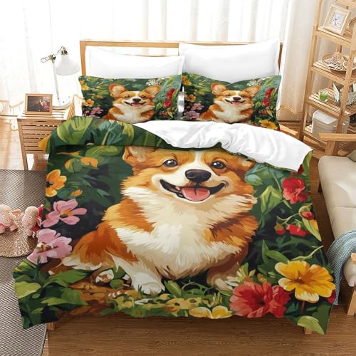 XPASHIQWC 3-teiliges Corgi 3D Gedruckte Tröster Abdeckung Flower Field Mit Reißverschluss, Mikrofaser Set Für Moderne Schlafzimmer Dekor King（220x240cm） von XPASHIQWC
