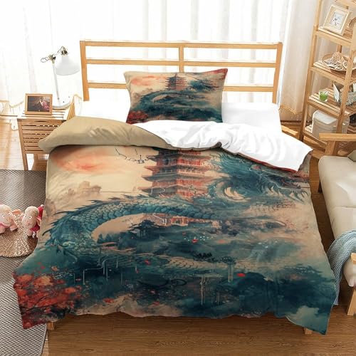 XPASHIQWC 3-teiliges Der Turm 3D Gedruckte Tröster Abdeckung Red Moon Drachen Mit Reißverschluss, Mikrofaser Set Für Moderne Schlafzimmer Dekor Single（135x200cm） von XPASHIQWC