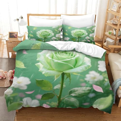 XPASHIQWC 3-teiliges Green Rose 3D Gedruckte Tröster Abdeckung Rain Petals Mit Reißverschluss, Mikrofaser Set Für Moderne Schlafzimmer Dekor Single（140x200cm） von XPASHIQWC