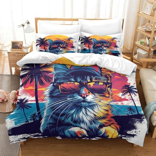 XPASHIQWC 3-teiliges Sunglasses Katze 3D Gedruckte Tröster Abdeckung Tropischer Sonnenuntergang Mit Reißverschluss, Mikrofaser Set Für Moderne Schlafzimmer Dekor King（220x240cm） von XPASHIQWC