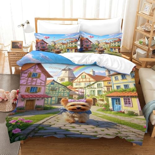 XPASHIQWC 3-teiliges Yorkshire Terrier 3D Gedruckte Tröster Abdeckung Bunte Stadt Mit Reißverschluss, Mikrofaser Set Für Moderne Schlafzimmer Dekor Double（200x200cm） von XPASHIQWC