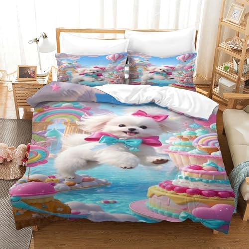 XPASHIQWC 3-teiliges maltesischer Welpe 3D Gedruckte Tröster Abdeckung Regenbogen Dessert Welt Mit Reißverschluss, Mikrofaser Set Für Moderne Schlafzimmer Dekor King（220x240cm） von XPASHIQWC
