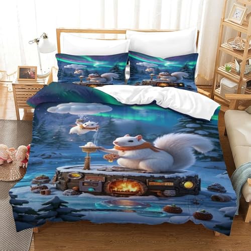 XPASHIQWC 3D Druck Aurora Eichhörnchen Bettbezug Set Schneehütte Mit Kissenbezügen, Versteckter Reißverschluss Für Kinder, Teens King（220x240cm） von XPASHIQWC