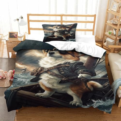 XPASHIQWC 3D-Druck Bettbezug Corgi Bettwäsche Set Piratenhund Mit Reißverschluss, Für Kinder, Teens, Schlafzimmer Dekor Single（135x200cm） von XPASHIQWC