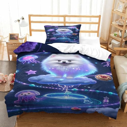 XPASHIQWC 3D-Druck Bettbezug Pommern Puppy Bettwäsche Set Nebel Jellyfish Mit Reißverschluss, Für Kinder, Teens, Schlafzimmer Dekor Single（135x200cm） von XPASHIQWC