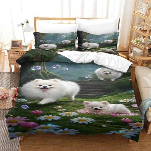 XPASHIQWC 3D-Druck Bettbezug Pommern Puppy Bettwäsche Set Waldweg Mit Reißverschluss, Für Kinder, Teens, Schlafzimmer Dekor King（220x240cm） von XPASHIQWC