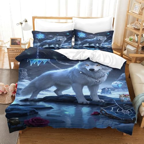XPASHIQWC 3D-Druck Bettbezug Weißer Wolf Bettwäsche Set Moonlit Eisfeld Mit Reißverschluss, Für Kinder, Teens, Schlafzimmer Dekor King（220x240cm） von XPASHIQWC
