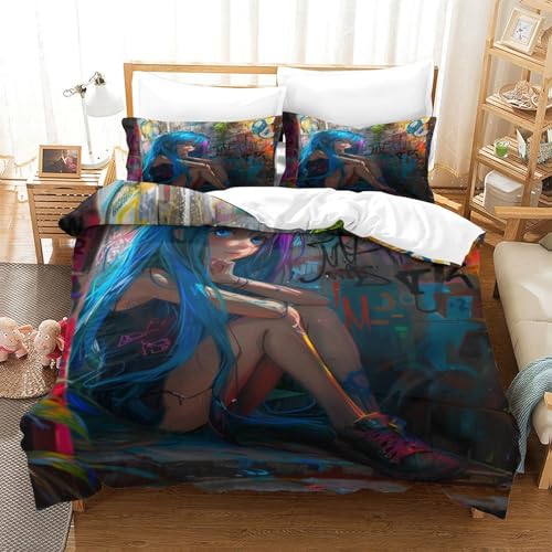 XPASHIQWC 3D Druck Blaue Haare Mädchen Mikrofaser Bettbezug Anime - Stil Mit Verstecktem Reißverschluss Und Kissenbezügen, Für Erwachsene Schlafzimmer Dekor King（220x240cm） von XPASHIQWC