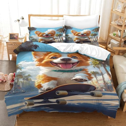 XPASHIQWC 3D Druck Corgi Bettwäsche Set Mikrofaser Straße Skateboarding Mit Verstecktem Reißverschluss, Für Kinder, Teens, Moderne Schlafzimmer Dekor King（220x240cm） von XPASHIQWC