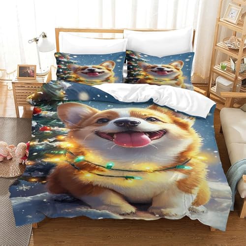 XPASHIQWC 3D Druck Corgi Mikrofaser Bettbezug Weihnachtsszene Mit Verstecktem Reißverschluss Und Kissenbezügen, Für Erwachsene Schlafzimmer Dekor King（220x240cm） von XPASHIQWC