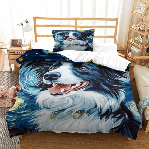 XPASHIQWC 3D Druck Der Border Collie Bettwäsche Set Sternennacht Mit Verstecktem Reißverschluss, Mikrofaser Für Kinder, Teens, Schlafzimmer Dekor Single（135x200cm） von XPASHIQWC