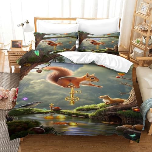 XPASHIQWC 3D Druck Eichhörnchen Bettwäsche Set Mikrofaser Magischer Wald Mit Reißverschluss, Für Kinder, Jungen, Mädchen, Schlafzimmer Dekor King（220x240cm） von XPASHIQWC