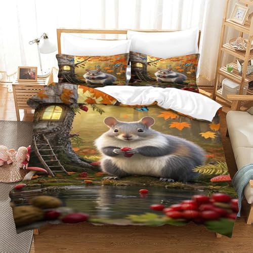 XPASHIQWC 3D Druck Eichhörnchen Mikrofaser Bettbezug Herbst Wald Mit Verstecktem Reißverschluss Und Kissenbezügen, Für Erwachsene Schlafzimmer Dekor Double（200x200cm） von XPASHIQWC