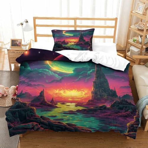 XPASHIQWC 3D Druck Fantasy Planet Mikrofaser Bettbezug Alien Der Turm Mit Verstecktem Reißverschluss Und Kissenbezügen, Für Erwachsene Schlafzimmer Dekor Single（135x200cm） von XPASHIQWC