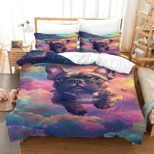 XPASHIQWC 3D Druck Französische Bulldogges Bettwäsche Set Bunte Wolken Mit Verstecktem Reißverschluss, Für Kinder, Teens, Schlafzimmer Dekor King（220x240cm） von XPASHIQWC