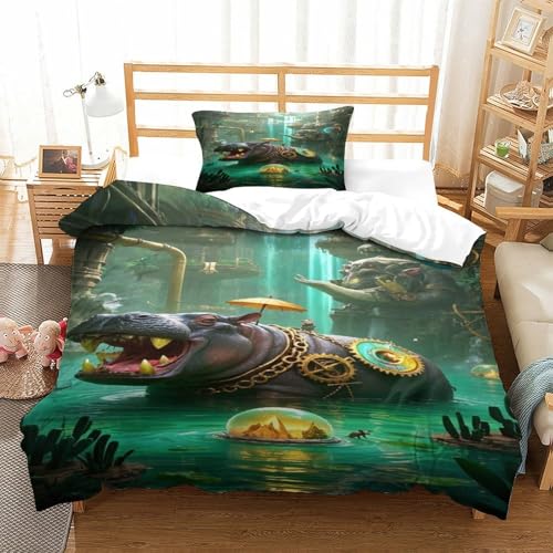 XPASHIQWC 3D Druck Hippopotamus Bettwäsche Set Getriebemaschinen Mit Verstecktem Reißverschluss, Für Kinder, Teens, Schlafzimmer Dekor Single（135x200cm） von XPASHIQWC