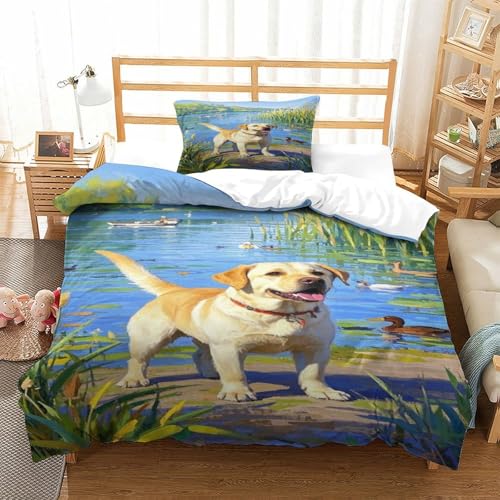 XPASHIQWC 3D Druck Labrador Retriever Bettwäsche Set Mikrofaser See Wasser Gras Mit Reißverschluss, Für Kinder, Jungen, Mädchen, Schlafzimmer Dekor Single（135x200cm） von XPASHIQWC