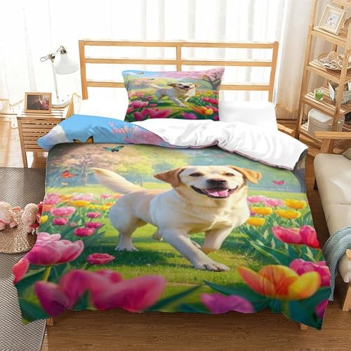 XPASHIQWC 3D Druck Labrador Retriever Mikrofaser Bettbezug Blumen Meer Schmetterling Mit Verstecktem Reißverschluss Und Kissenbezügen, Für Erwachsene Schlafzimmer Dekor Single（135x200cm） von XPASHIQWC