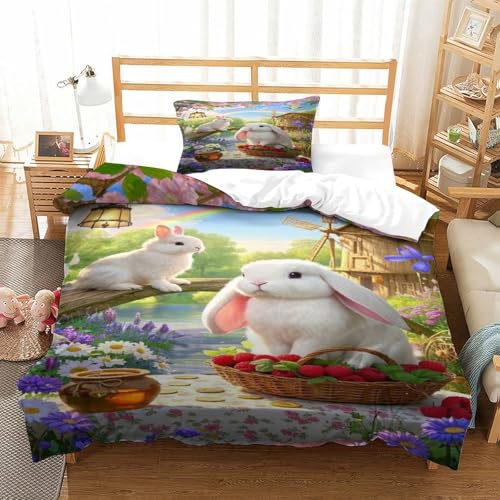 XPASHIQWC 3D Druck Lop-Eared Kaninchen Bettwäsche Set Blumen Regenbogen Mit Verstecktem Reißverschluss, Mikrofaser Für Kinder, Teens, Schlafzimmer Dekor Single（135x200cm） von XPASHIQWC