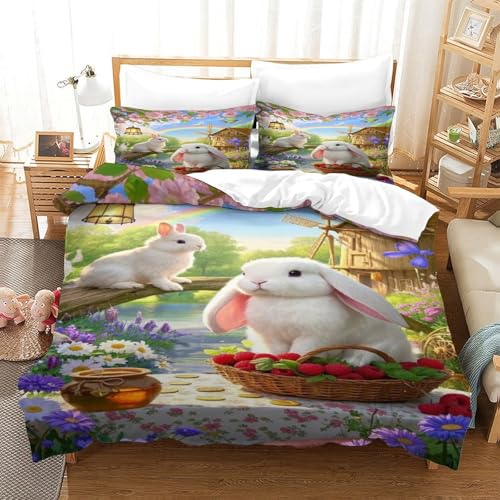 XPASHIQWC 3D Druck Lop-Eared Kaninchen Bettwäsche Set Mikrofaser Blumen Regenbogen Mit Reißverschluss, Für Kinder, Jungen, Mädchen, Schlafzimmer Dekor Double（200x200cm） von XPASHIQWC