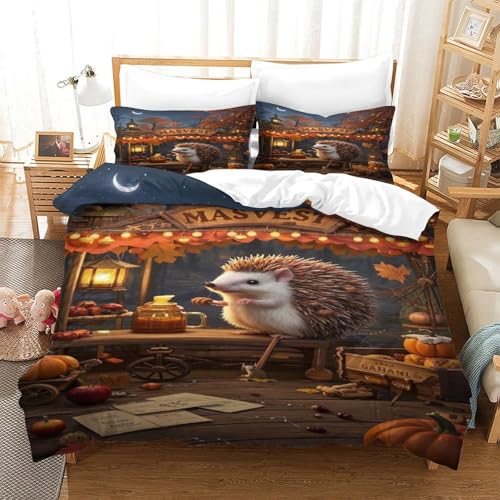 XPASHIQWC 3D Druck Markt Hedgehog Bettwäsche Set Herbst Wald Mit Verstecktem Reißverschluss, Mikrofaser Für Kinder, Teens, Schlafzimmer Dekor Double（200x200cm） von XPASHIQWC