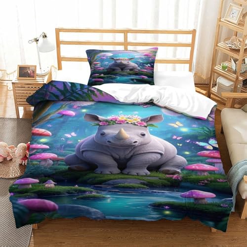 XPASHIQWC 3D Druck Nashörner Bettbezug Mit Kissenbezügen Pilzwald Versteckter Reißverschluss, Für Teens, Weiche Quilt Cover Schlafzimmer Dekor Single（135x200cm） von XPASHIQWC