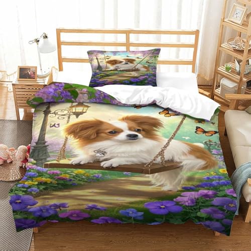 XPASHIQWC 3D Druck Papillon Welpen Bettwäsche Set Swing Wisteria Blume Mit Verstecktem Reißverschluss, Mikrofaser Für Kinder, Teens, Schlafzimmer Dekor Single（135x200cm） von XPASHIQWC