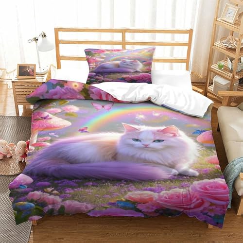 XPASHIQWC 3D Druck Persische Katze Bettbezug Set Regenbogen rosa Blumen Mit Kissenbezügen, Versteckter Reißverschluss Für Kinder, Teens, Schlafzimmer Dekor Single（135x200cm） von XPASHIQWC